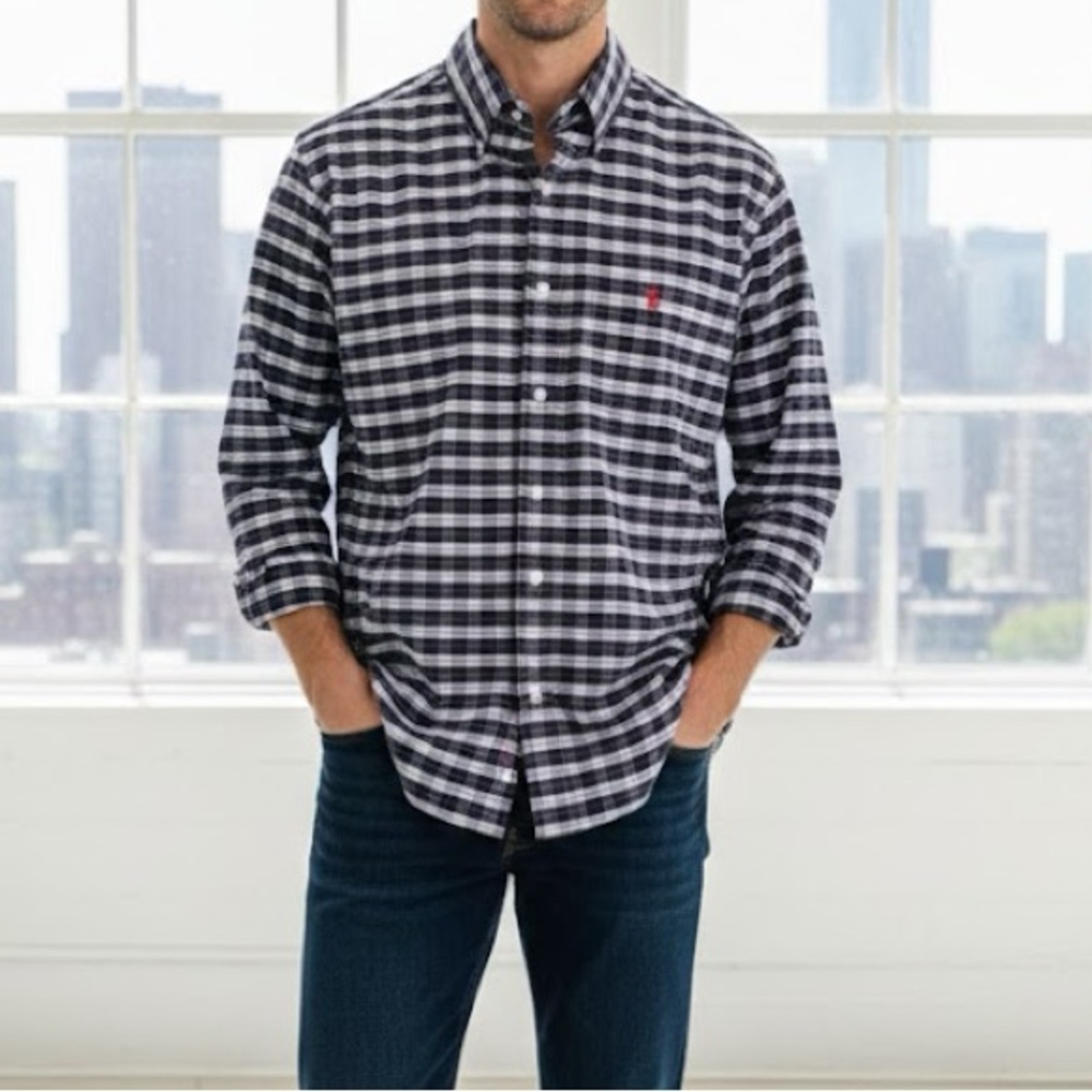 Ralph Lauren Blue Black Cotton Checkered Plaid Long Sleeve Button Down XL